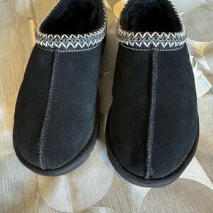 UGG Black Suede Mule Clogs with Silver Braided Trim